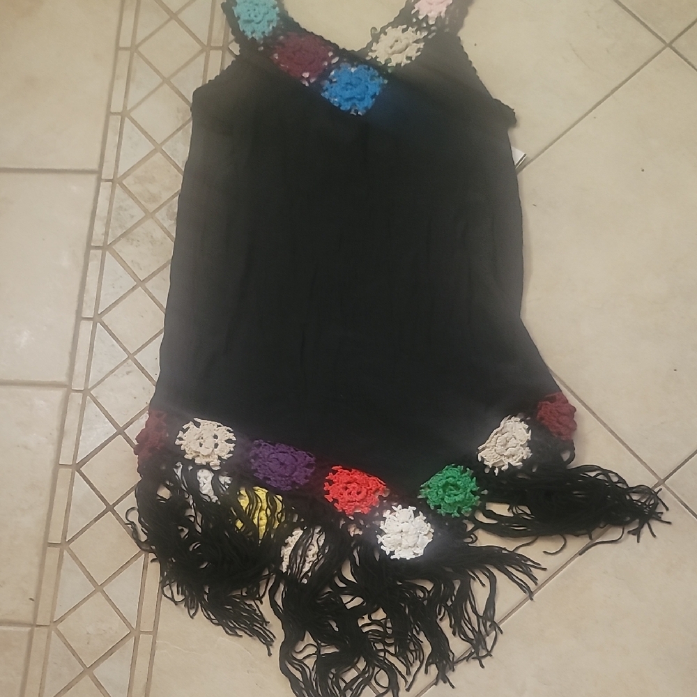 T-Strap Dress Crochett Fringe Hem Black Goth Grannycore Romantic SZ M